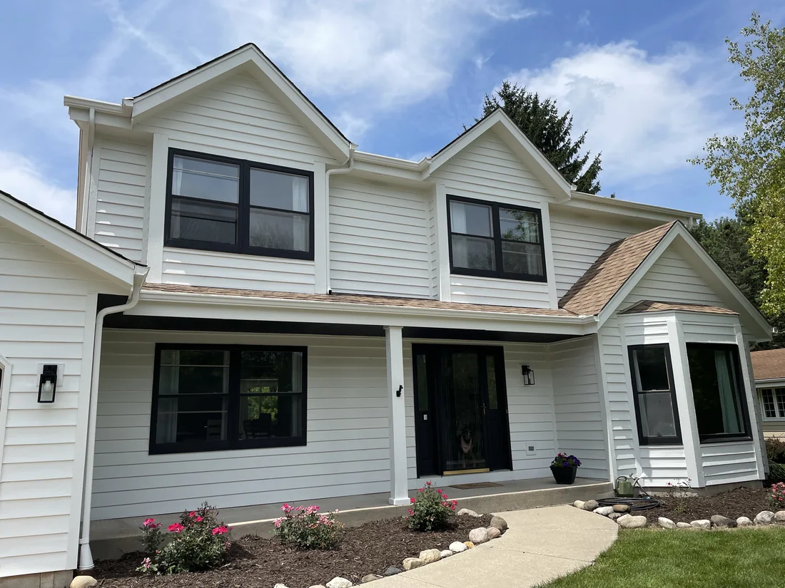 Finished white exterior with black trim accents
